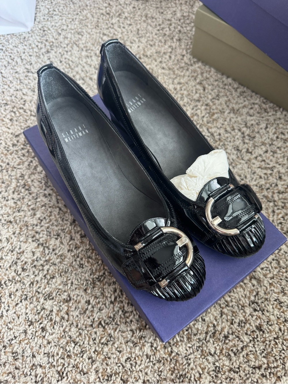 Stuart Weitzman Black Patent Leather Buckle Pleatolo Wedge - Picture 1 of 5